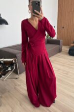 Kruvaze Yaka Bağlamalı Crep Pantolon Takım Bordo - Görsel 2