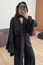 Kolları Volanlı V Yaka Pantolon Takım Siyah - Görsel 2