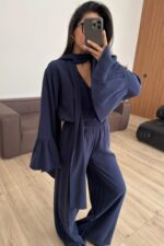 Kolları Volanlı V Yaka Pantolon Takım Lacivert - Görsel 2