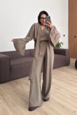 Kolları Volanlı V Yaka Pantolon Takım Haki