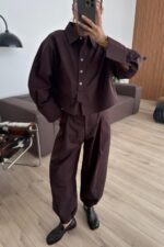 Paçası Lastikli Pantolon Gömlek Takım Kahverengi - Görsel 2