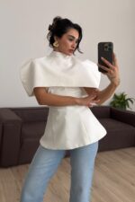 İkili Polerolu Straplez Bluz Beyaz