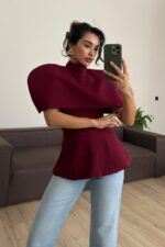 İkili Polerolu Straplez Bluz Bordo