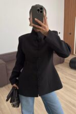 Vatkalı Mandarin Ceket Siyah - Görsel 3