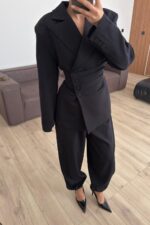 Drapeli Beli Bağlamalı Şalvar Takım Siyah - Görsel 2