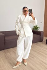 Drapeli Beli Bağlamalı Şalvar Takım Ekru