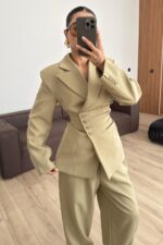 Drapeli Beli Bağlamalı Şalvar Takım Haki - Görsel 2