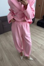 Drapeli Beli Bağlamalı Şalvar Takım Pembe - Görsel 3