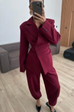 Drapeli Beli Bağlamalı Şalvar Takım Bordo - Görsel 2