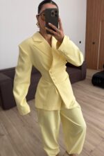 Drapeli Beli Bağlamalı Şalvar Takım Sarı - Görsel 2