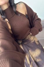 Bolerolu Boğazlı Sırtı Açık Bluz Kahverengi - Görsel 2