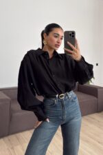 Vatkalı Kemerli Balon Kol Gömlek Siyah - Görsel 2