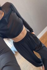 Divya Bandana Detaylı Crop Eşofman Takım Siyah - Görsel 2