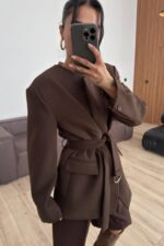 Kemerli Yakasız Blazer Ceket Kahverengi - Görsel 2