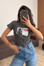 Bob Daylan Baskılı Antrasit Eskitme Tişört