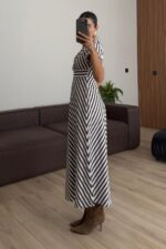 V Yaka Çizgili Poplin Elbise Kahverengi - Görsel 3