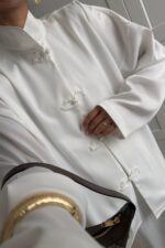 Mandarin Saten Pantolon Takım Beyaz - Görsel 3