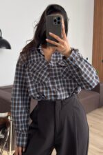 Yakalıklı Çift Cep Ekose Gömlek Kahverengi - Görsel 2