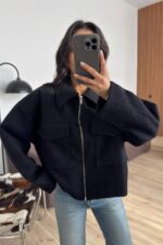 Kısa Safari Cepli Kaşe Kaban Siyah - Görsel 2