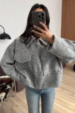 Kısa Safari Cepli Kaşe Kaban Gri - Görsel 2