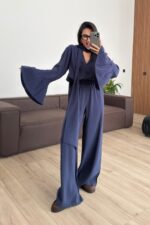 Kolları Volanlı V Yaka Pantolon Takım Lacivert