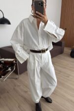 Paçası Lastikli Pantolon Gömlek Takım Beyaz - Görsel 2