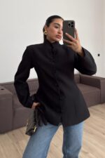 Vatkalı Mandarin Ceket Siyah - Görsel 2