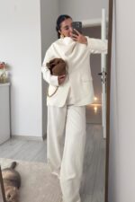 Çizgili Şallı Ceket Pantolon Takım Ekru - Görsel 2