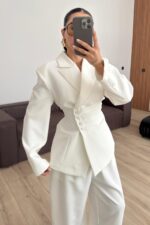 Drapeli Beli Bağlamalı Şalvar Takım Ekru - Görsel 2