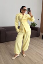 Drapeli Beli Bağlamalı Şalvar Takım Sarı