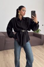 Vatkalı Kemerli Balon Kol Gömlek Siyah