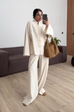 Önü Nakış Bağlamalı Keten Takım Natur