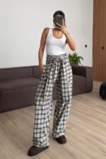 Ekoseli İki Parça Pantolon Kahverengi