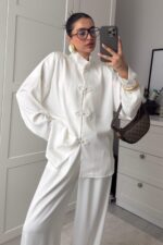 Mandarin Saten Pantolon Takım Beyaz - Görsel 2