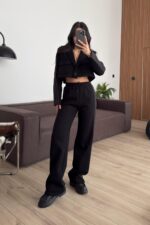 Kısa Ceket Şeritli Eşofman Takım Siyah