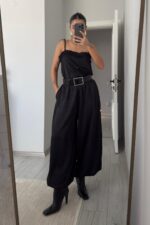 Paçası Lastikli Saten Şalvar Pantolon Siyah