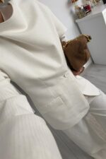 Çizgili Şallı Ceket Pantolon Takım Ekru - Görsel 4