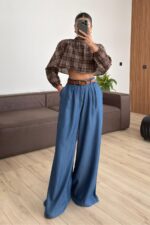 Pileli Denim Görünümlü Pantolon Mavi