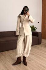 Drapeli Beli Bağlamalı Şalvar Takım Bej