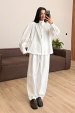 Yakası Kemerli Balon Kol Paraşüt Takım Beyaz - Görsel 2