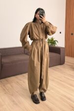 Yakası Kemerli Balon Kol Paraşüt Takım Açık Kahve