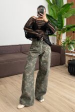 Asker Desenli Beli Bağlamalı Jean