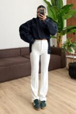 Önü Çımalı Krep Pantolon Beyaz