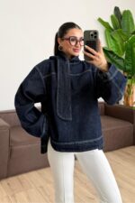 Yanları Yırtmaçlı Yakası Bağlamalı Denim Bluz