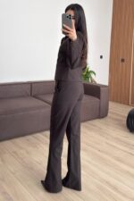 Çizgili Fermuarlı Ceket Pantolon Takım Kahverengi - Görsel 3