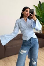 Beli Bağlamalı Geniş Yaka Gömlek Bebek Mavi