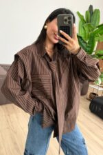 Oversize Çizgili Fular Detaylı Gömlek Kahverengi - Görsel 2