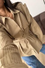 Oversize Çizgili Fular Detaylı Gömlek Camel - Görsel 2