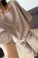 Tensel Kumaş Tişört Pantolon Takım Koyu Bej - Görsel 3