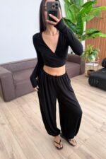Vena Bağlamalı Crop Şalvar Pantolon Takım Siyah - Görsel 2